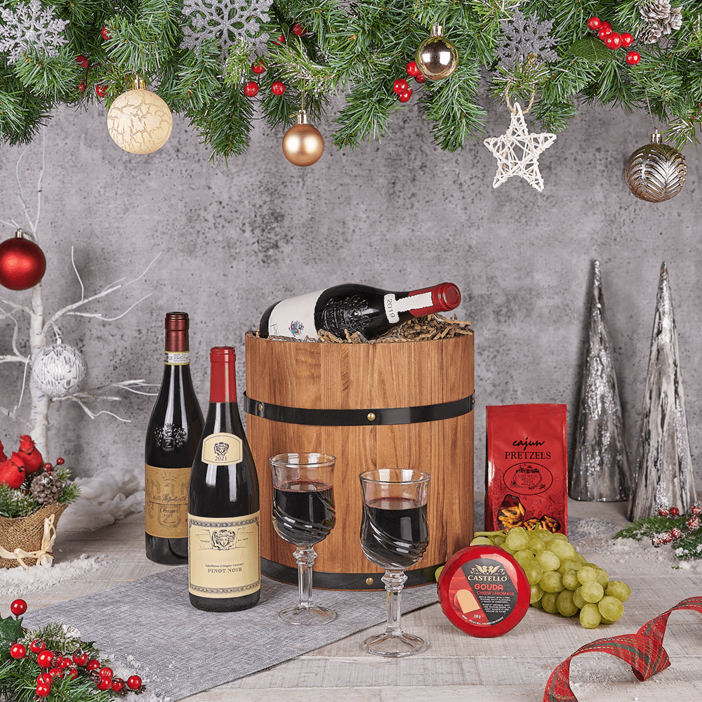 Festive Christmas Wine Barrel, christmas gift, christmas, wine gift, wine, holiday gift, holiday, fruit gift, fruit, Canada delivery