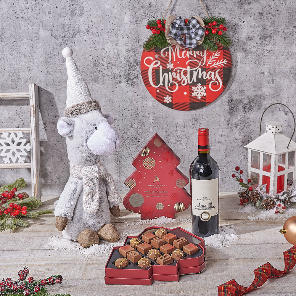 Holiday Llama & Wine Gift Set, wine gift, wine, chocolate gift, chocolate, christmas gift, christmas, Canada delivery