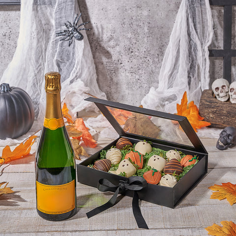 Spooky Halloween Chocolate Dipped Strawberries & Champagne, champagne gift, champagne, sparkling wine gift, sparkling wine, halloween gift, halloween, Canada delivery